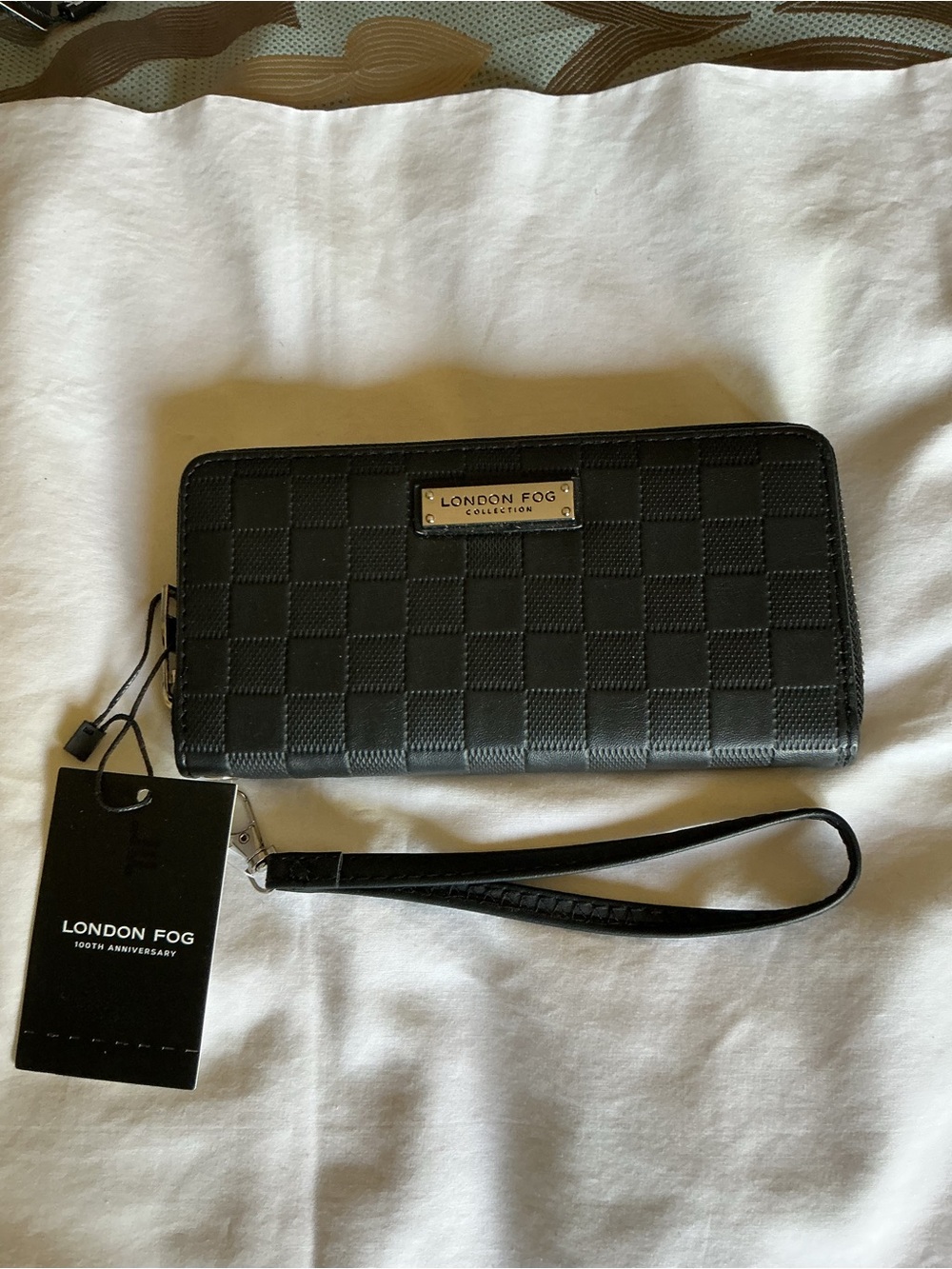 London Fog Black Checkered Wristlet with Metal Logo Plate